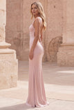Vestido largo de graduación de satén de tirantes finos de sirena rosa con cordones en la espalda