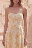 Vestido midi floral A-Line Sweetheart amarillo con aplicaciones