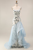 Vestido de sirena azul claro con volantes de sirena