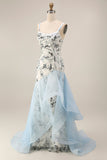 Vestido largo de graduación con lentejuelas de sirena azul claro y volantes