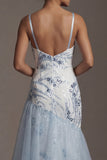 Vestido de sirena azul claro con volantes de sirena