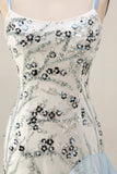 Vestido largo de graduación con lentejuelas de sirena azul claro y volantes