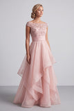 Vestido de madre de la novia color champán línea A con escote barco y lentejuelas