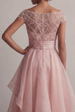 Vestido de madre de la novia color champán línea A con escote barco y lentejuelas