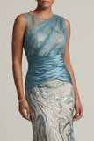 Vestido de sirena azul azul de lentejuelas del lago Madre de la novia