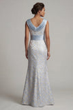 Vestido de madre de novia de brocado sirena azul claro con cuello de capucho