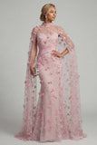 Vestido de noche floral 3D con escote ilusión rosa sirena y mangas tipo capa