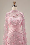 Vestido de noche floral 3D con escote ilusión rosa sirena y mangas tipo capa
