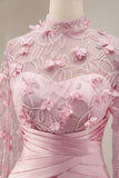 Vestido de noche floral 3D con escote ilusión rosa sirena y mangas tipo capa