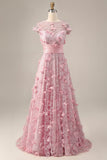 Vestido largo de graduación rosa de manga corta con cuentas y flores 3D en línea rosa A