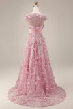 Vestido largo de graduación rosa de manga corta con cuentas y flores 3D en línea rosa A