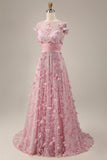 Vestido largo de graduación rosa de manga corta con cuentas y flores 3D en línea rosa A