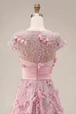 Vestido largo de graduación rosa de manga corta con cuentas y flores 3D en línea rosa A