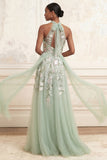 Vestido largo de graduación de Tul bordado de Tul de Salvia Polvoriento
