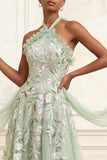 Vestido largo de graduación de Tul bordado de Tul de Salvia Polvoriento