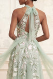 Vestido largo de graduación de Tul bordado de Tul de Salvia Polvoriento