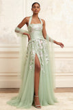 Vestido largo de graduación largo de tul bordado con corte largo de Sage Sage A-Line Halter y Blush
