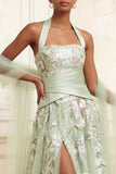 Vestido largo de graduación largo de tul bordado con corte largo de Sage Sage A-Line Halter y Blush