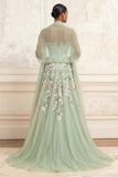 Vestido largo de graduación de tul bordado con tirantes de Salvia sin tirantes y lentejuelas, con corte