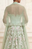 Vestido largo de graduación de tul bordado con tirantes de Salvia sin tirantes y lentejuelas, con corte