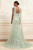 Vestido largo largo de graduación bordado de tul de sirena sin tirantes de Salvia polvorienta