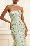 Vestido largo largo de graduación bordado de tul de sirena sin tirantes de Salvia polvorienta