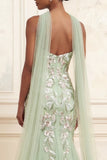 Vestido largo largo de graduación bordado de tul de sirena sin tirantes de Salvia polvorienta