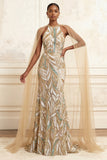 Vestido largo de noche de sirena con capçales de champán brillante