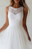 Vestido de compromiso blanco de tul de línea redonda de tul y encaje A