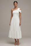 Vestido de compromiso midi blanco de un solo hombro con volantes