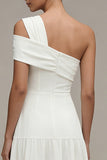 Vestido de compromiso midi blanco de un solo hombro con volantes