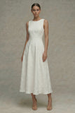 Vestido de compromiso blanco de cuello redondo Jacquard Línea A