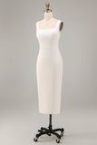 Vestido de compromiso midi blanco de cuello cuadrado y funda de satén