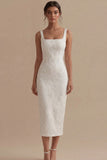 Vestido de compromiso blanco de cuello cuadrado Jacquard con funda