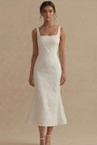 Vestido de compromiso Midi de sirena blanca Jacquard de cuello cuadrado
