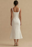 Vestido de compromiso Midi de sirena blanca Jacquard de cuello cuadrado