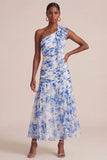 Vestido de invitado de boda azul floral Línea A, de un hombro largo, con volantes