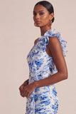 Vestido de invitado de boda azul floral Línea A, de un hombro largo, con volantes