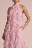 Vestido largo de invitado de boda con rodas rosas polvorientas con húmenes florales