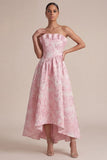 Vestido rosa sin tirantes A Line Floral Midi para invitados