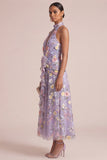 Vestido midi con volantes con recorte lila con lilas y hojas en forma de lila