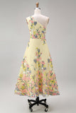 Vestido Midi Amarillo de Línea en A bordado con un solo hombro