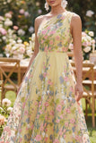 Vestido Midi Amarillo de Línea en A bordado con un solo hombro