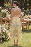 Vestido Midi A-Line con escote amarillo y con cuello halter bordado con flores