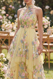 Vestido Midi A-Line con escote amarillo y con cuello halter bordado con flores