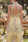 Vestido Midi A-Line con escote amarillo y con cuello halter bordado con flores