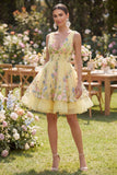 Mini vestido floral bordado en Tul amarillo A-Line