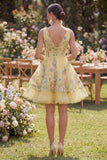 Mini vestido floral bordado en Tul amarillo A-Line