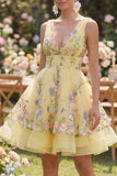 Mini vestido floral bordado en Tul amarillo A-Line