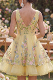 Mini vestido floral bordado en Tul amarillo A-Line